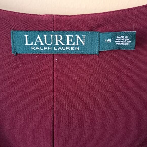 LAUREN Ralph Lauren Burgundy Floral Jersey Draped Sheath Dress Size 16 - Picture 5 of 7